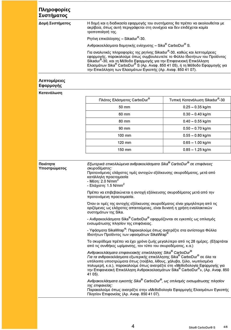 Για αναλυτικές πληροφορίες της ρητίνης Sikadur -30, καθώς και λεπτομέρειες εφαρμογής, παρακαλούμε όπως συμβουλευτείτε το Φύλλο Ιδιοτήτων του Προϊόντος Sikadur -30, και τη Μέθοδο Εφαρμογής για την