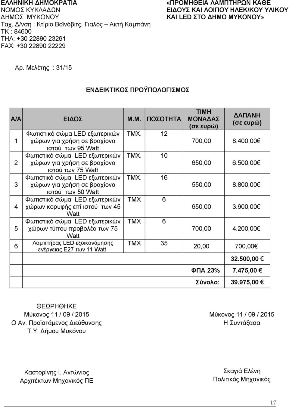 Μελέτης : 31/15 ΕΝΔΕΙΚΤΙΚΟΣ ΠΡΟΫΠΟΛΟΓΙΣΜΟΣ Α/Α ΕΙΔΟΣ Μ.Μ. ΠΟΣΟΤΗΤΑ 1 2 3 4 5 6 Φωτιστικό σώμα LED εξωτερικών χώρων για χρήση σε βραχίονα ιστού των 95 Watt Φωτιστικό σώμα LED εξωτερικών χώρων για