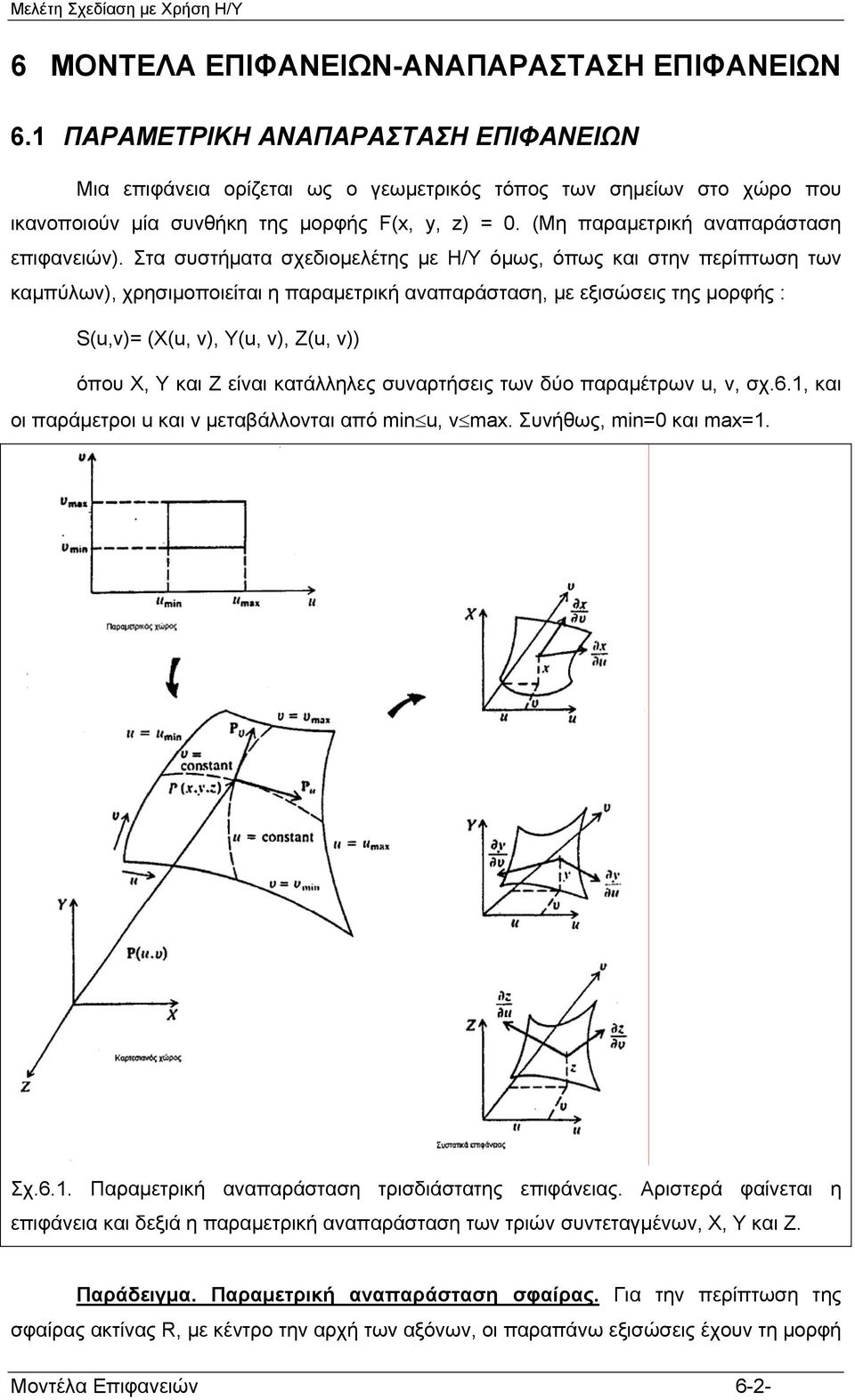 Στα συστήματα σχεδιομελέτης με Η/Υ όμως όπως και στην περίπτωση των καμπύλων χρησιμοποιείται η παραμετρική αναπαράσταση με εξισώσεις της μορφής : S Χ ν Υ ν Ζ ν όπου Χ Υ και Ζ είναι κατάλληλες