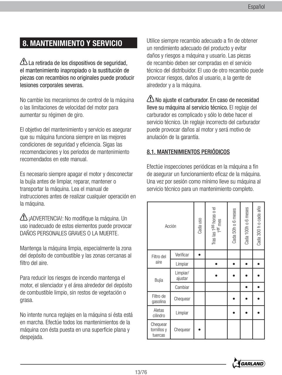 No cambie los mecanismos de control de la máquina o las limitaciones de velocidad del motor para aumentar su régimen de giro.