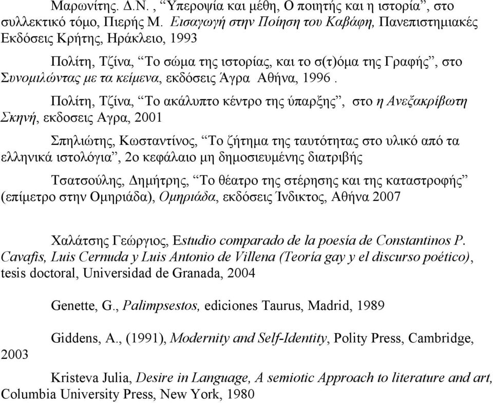 1996. Πολίτη, Τζίνα, Το ακάλυπτο κέντρο της ύπαρξης, στο η Ανεξακρίβωτη Σκηνή, εκδοσεις Αγρα, 2001 Σπηλιώτης, Κωσταντίνος, Το ζήτημα της ταυτότητας στο υλικό από τα ελληνικά ιστολόγια, 2ο κεφάλαιο μη