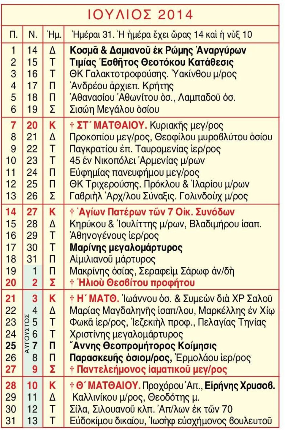 Κυριακῆς μεγ/ρος 8 21 Δ Προκοπίου μεγ/ρος, Θεοφίλου μυροβλύτου ὁσίου 9 22 Τ Παγκρατίου ἐπ.