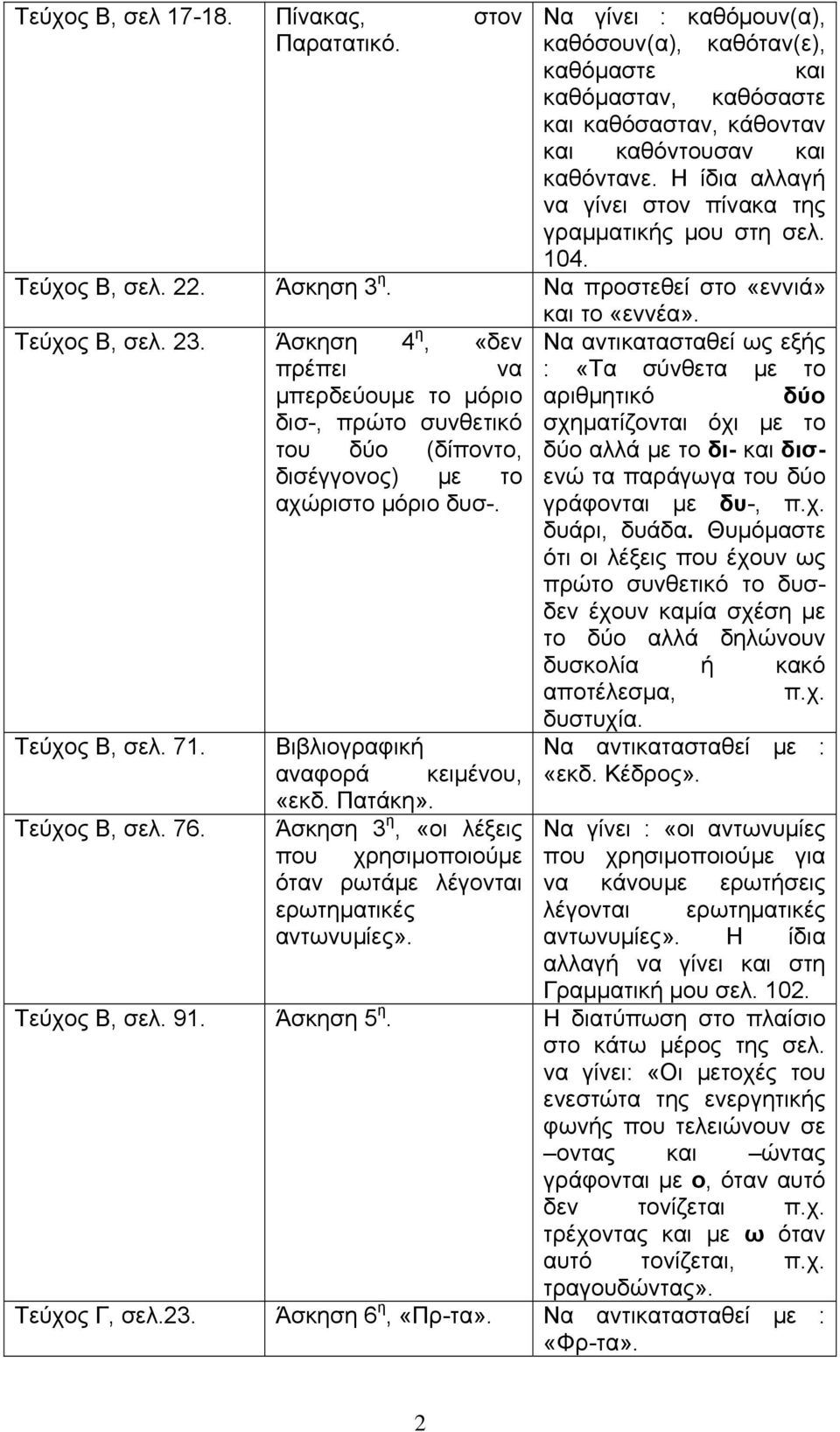 Άσκηση 4 η, «δεν Να αντικατασταθεί ως εξής Τεύχος Β, σελ. 71. Τεύχος Β, σελ. 76. πρέπει να μπερδεύουμε το μόριο δισ-, πρώτο συνθετικό του δύο (δίποντο, δισέγγονος) με το αχώριστο μόριο δυσ-.