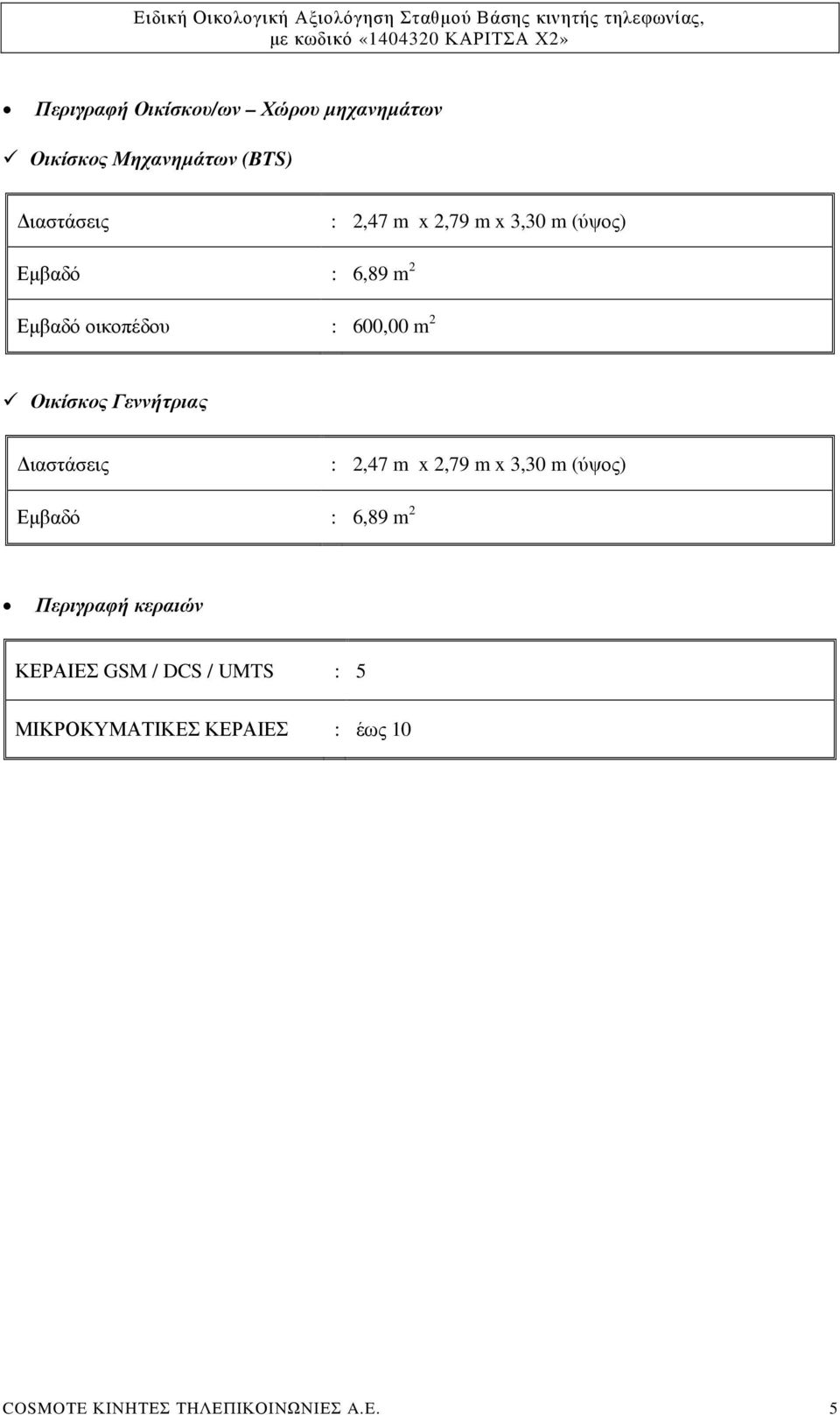 Γεννήτριας ιαστάσεις : 2,47 m x 2,79 m x 3,30 m (ύψος) Εµβαδό : 6,89 m 2 Περιγραφή