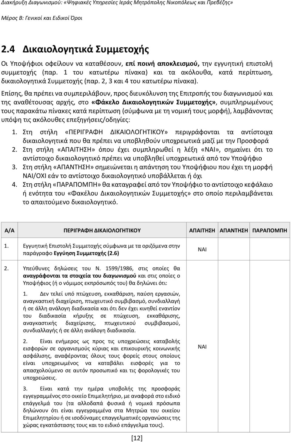 Επίσης, θα πρέπει να συμπεριλάβουν, προς διευκόλυνση της Επιτροπής του διαγωνισμού και της αναθέτουσας αρχής, στο «Φάκελο Δικαιολογητικών Συμμετοχής», συμπληρωμένους τους παρακάτω πίνακες κατά