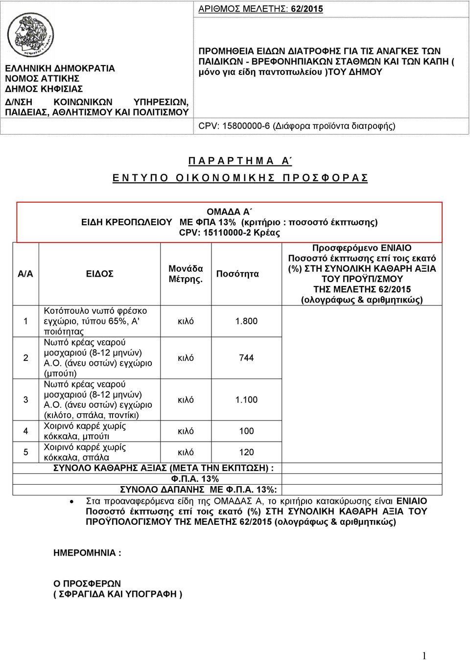 5 ΟΜΑΔΑ Α ΕΙΔΗ ΚΡΕΟΠΩΛΕΙΟΥ ΜΕ ΦΠΑ 13% (κριτήριο : ποσοστό έκπτωσης) CPV: 15110000-2 Κρέας Μέτρης. Κοτόπουλο νωπό φρέσκο εγχώριο, τύπου 65%, Α' ποιότητας κιλό 1.