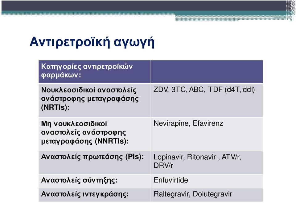 Αναστολείς πρωτεάσης (PIs): Αναστολείς σύντηξης: Αναστολείς ιντεγκράσης: ZDV, 3TC, ABC, TDF