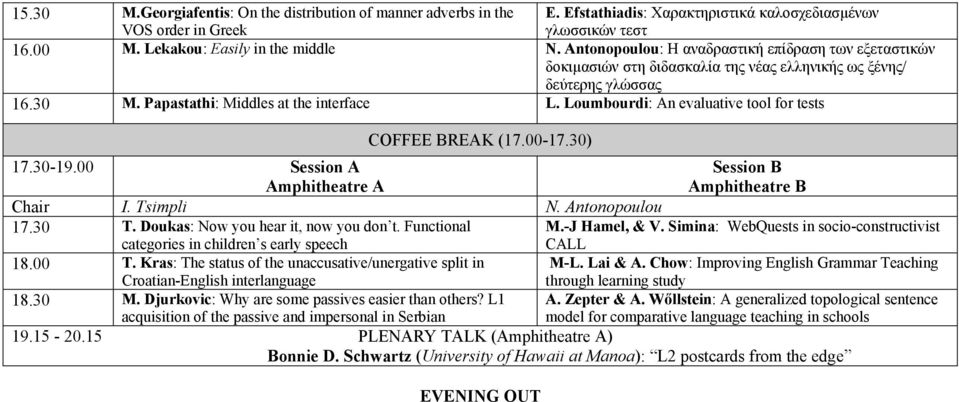 Loumbourdi: An evaluative tool for tests COFFEE BREAK (17.00-17.30) 17.30-19.00 Session A Chair I. Tsimpli N. Antonopoulou 17.30 T. Doukas: Now you hear it, now you don t.