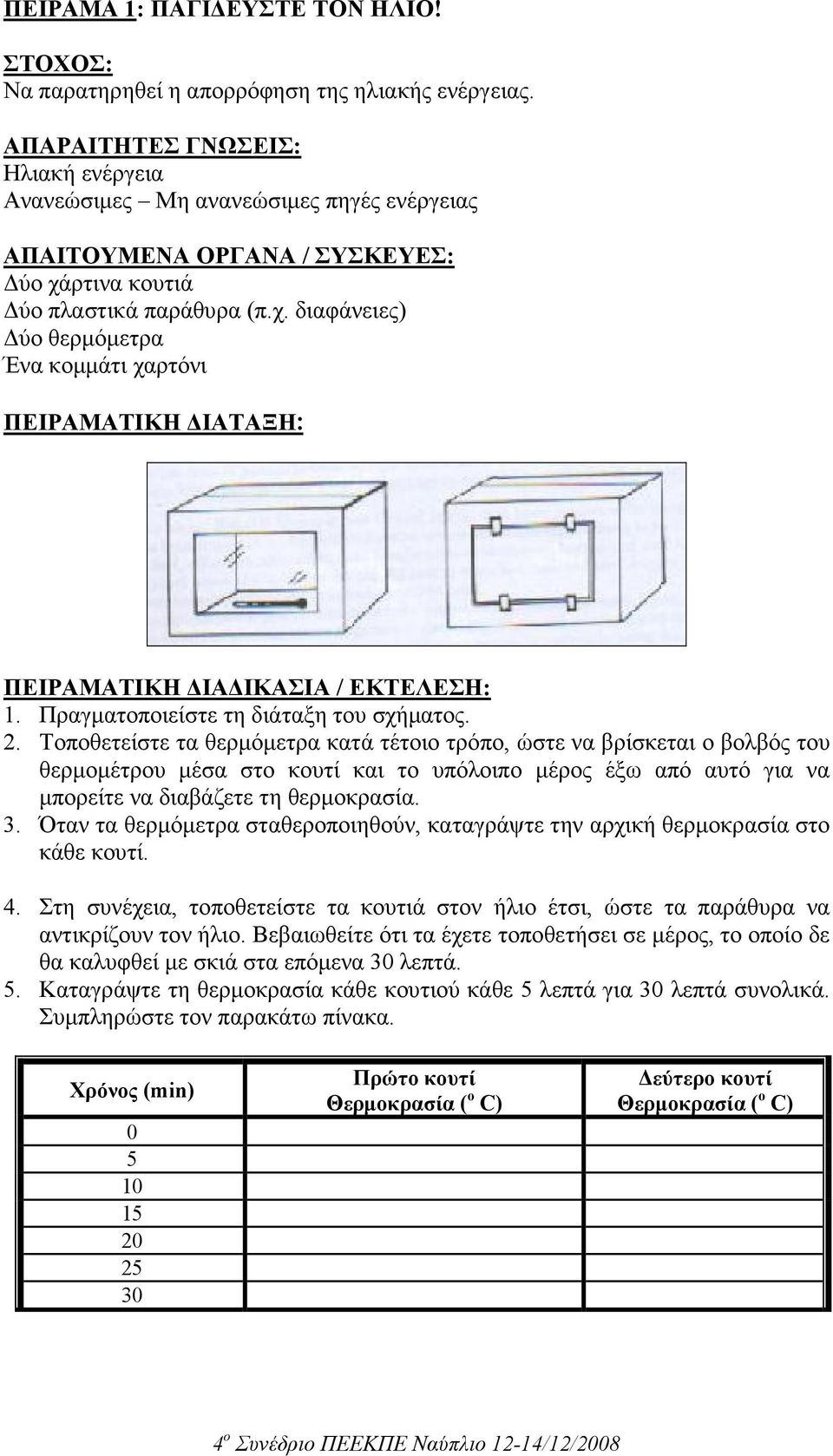 ρτινα κουτιά ύο πλαστικά παράθυρα (π.χ. διαφάνειες) ύο θερµόµετρα Ένα κοµµάτι χαρτόνι ΠΕΙΡΑΜΑΤΙΚΗ ΙΑΤΑΞΗ: ΠΕΙΡΑΜΑΤΙΚΗ ΙΑ ΙΚΑΣΙΑ / ΕΚΤΕΛΕΣΗ: 1. Πραγµατοποιείστε τη διάταξη του σχήµατος. 2.