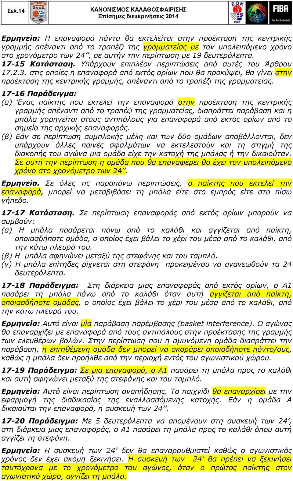 στις οποίες η επαναφορά από εκτός ορίων που θα προκύψει, θα γίνει στην προέκταση της κεντρικής γραμμής, απέναντι από το τραπέζι της γραμματείας.