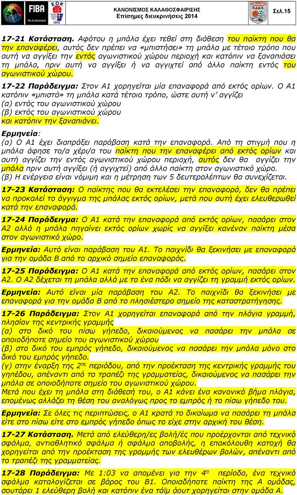 ξαναπιάσει τη μπάλα, πριν αυτή να αγγίξει ή να αγγιχτεί από άλλο παίκτη εντός του αγωνιστικού χώρου. 17-22 Παράδειγμα: Στον Α1 χορηγείται μία επαναφορά από εκτός ορίων.