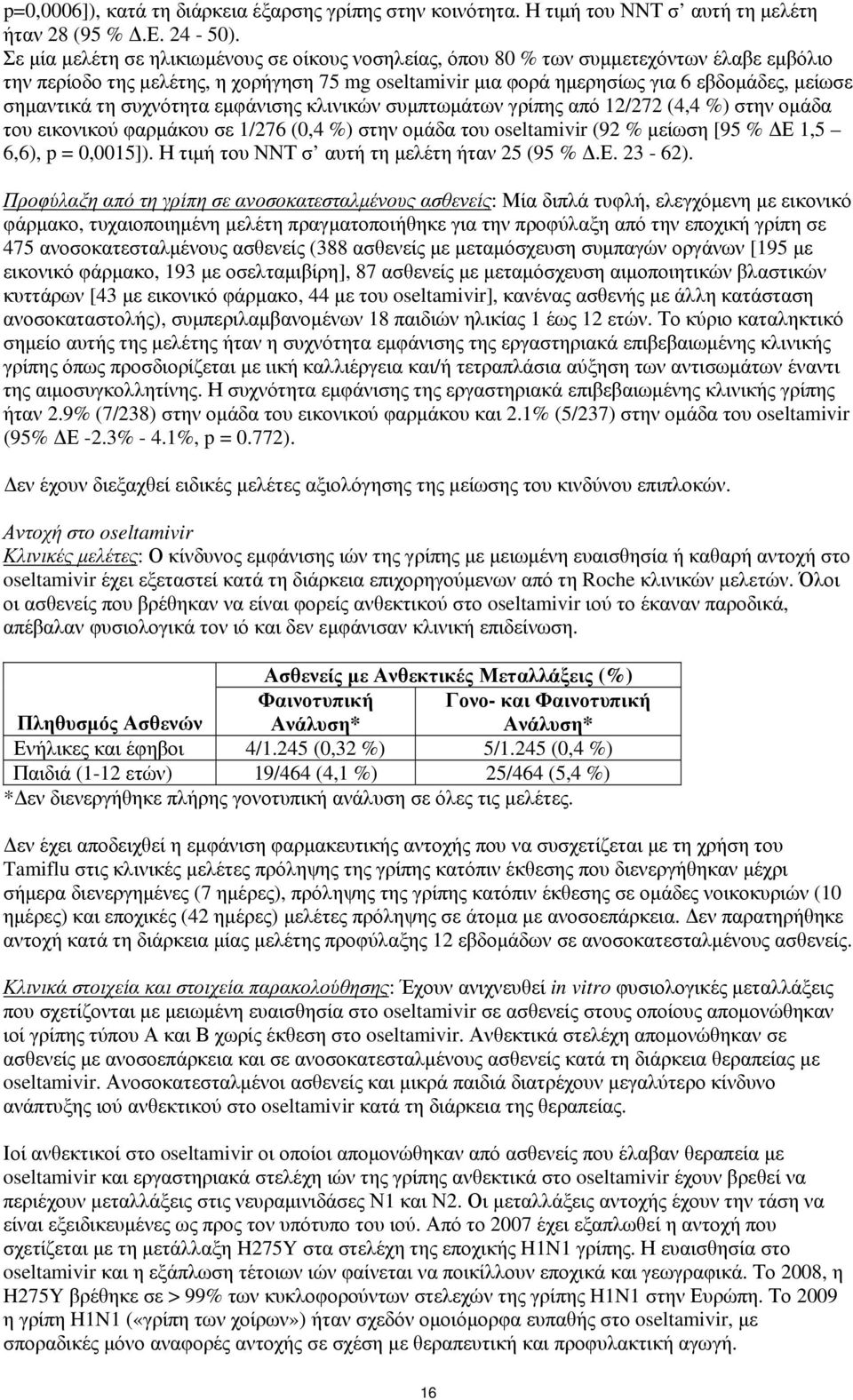 συχνότητα εμφάνισης κλινικών συμπτωμάτων γρίπης από 12/272 (4,4 %) στην ομάδα του εικονικού φαρμάκου σε 1/276 (0,4 %) στην ομάδα του oseltamivir (92 % μείωση [95 % ΔΕ 1,5 6,6), p = 0,0015]).
