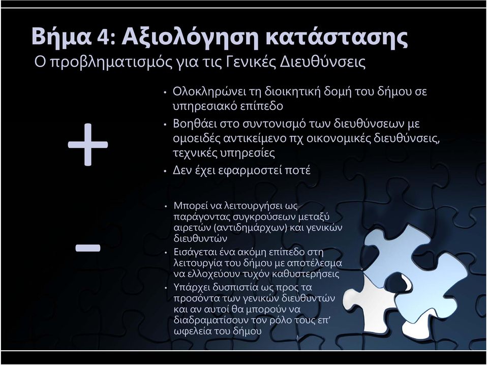 παράγοντας συγκρούσεων μεταξύ αιρετών (αντιδημάρχων) και γενικών διευθυντών Εισάγεται ένα ακόμη επίπεδο στη λειτουργία του δήμου με αποτέλεσμα να