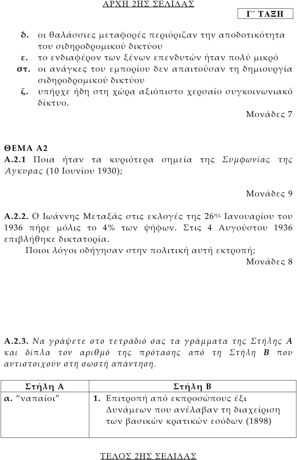 Α.2.1 Ποια ήταν τα κυριότερα σηµεία της Συµφωνίας της Αγκυρας (10 Ιουνίου 1930); Μονάδες 9 Α.2.2. Ο Ιωάννης Μεταξάς στις εκλογές της 26 ης Ιανουαρίου του 1936 πήρε µόλις το 4% των ψήφων.