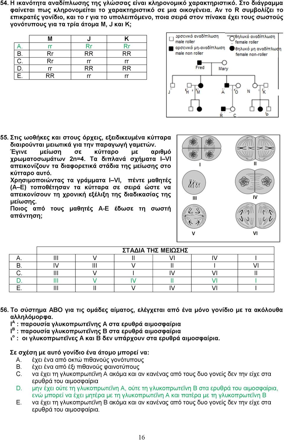 rr RR RR E. RR rr rr 55. Στις ωοθήκες και στους όρχεις, εξειδικευμένα κύτταρα διαιρούνται μειωτικά για την παραγωγή γαμετών. Έγινε μείωση σε κύτταρο με αριθμό χρωματοσωμάτων 2n=4.