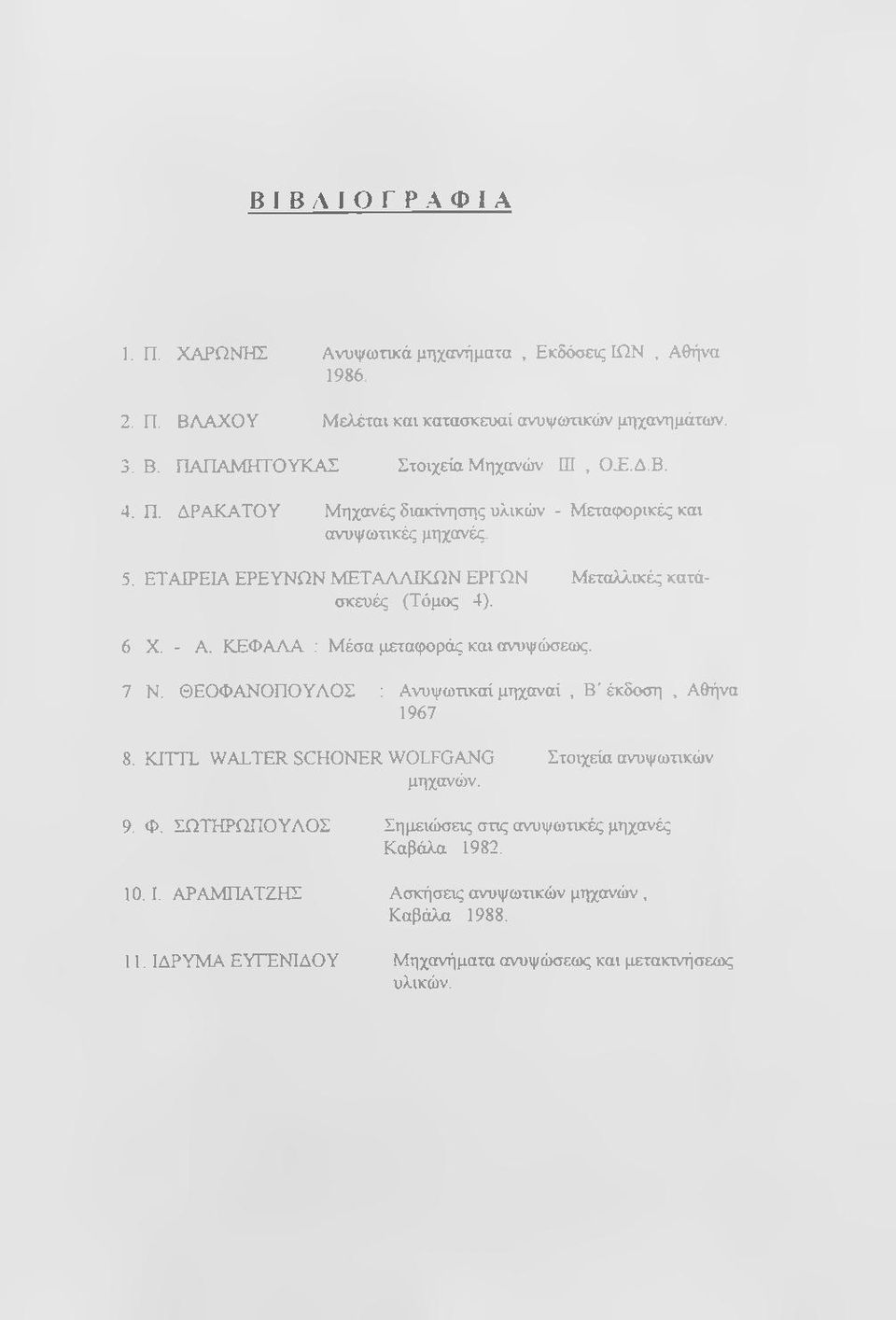 ΚΕΦΑΛΑ : Μέσα μεταφοράς και ανυψώσεως. 7 Ν. ΘΕΟΦΑΝΟΠΟΥΛΟΣ : Ανυψωτικοί μηχαναί, Β' έκδοση, Α&ήνα 1967 8. KITTL WALTER SCHONER WOLFGANG μηχανών. Στοιχεία ανυψωτικών 9. Φ.