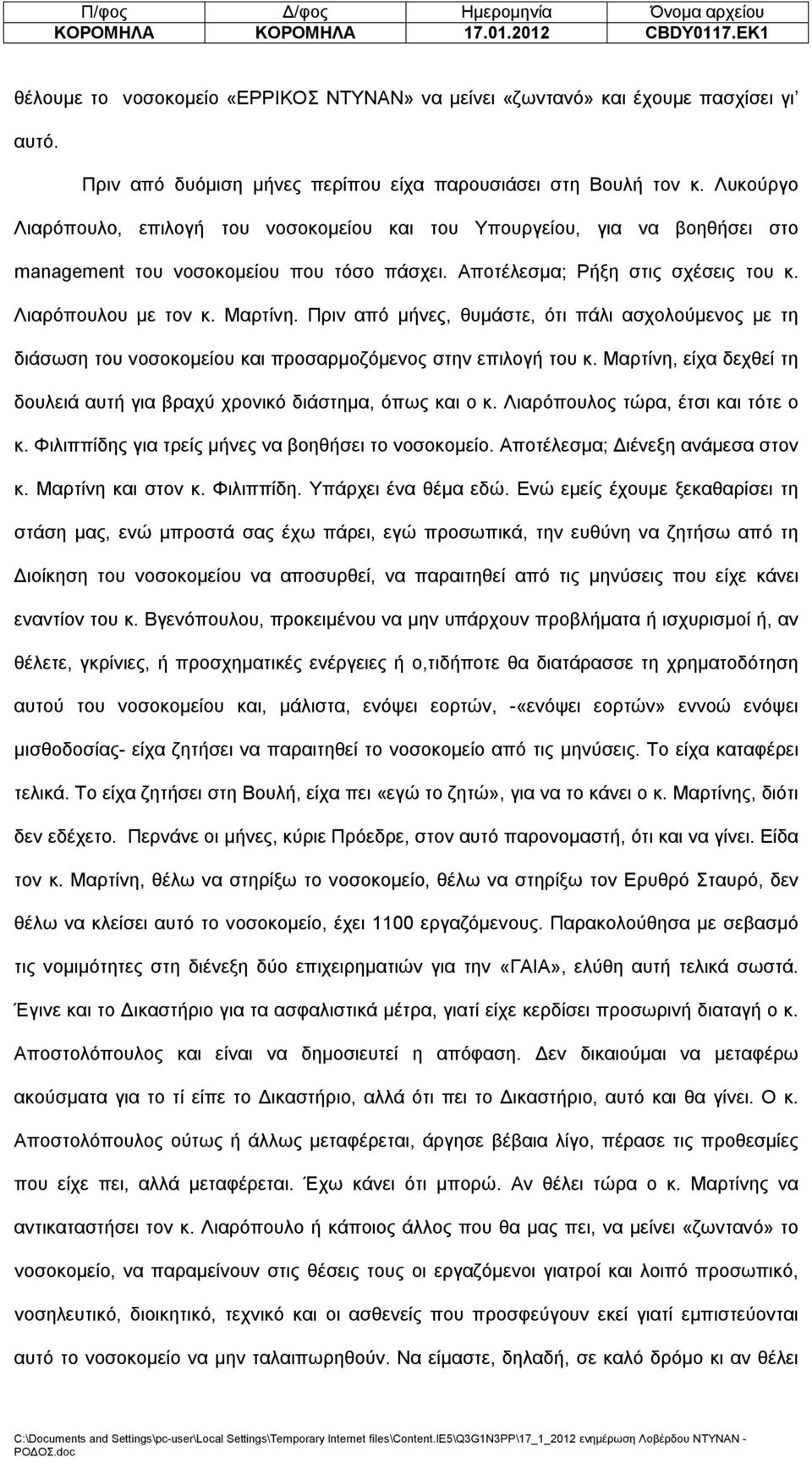 Πριν από μήνες, θυμάστε, ότι πάλι ασχολούμενος με τη διάσωση του νοσοκομείου και προσαρμοζόμενος στην επιλογή του κ. Μαρτίνη, είχα δεχθεί τη δουλειά αυτή για βραχύ χρονικό διάστημα, όπως και ο κ.