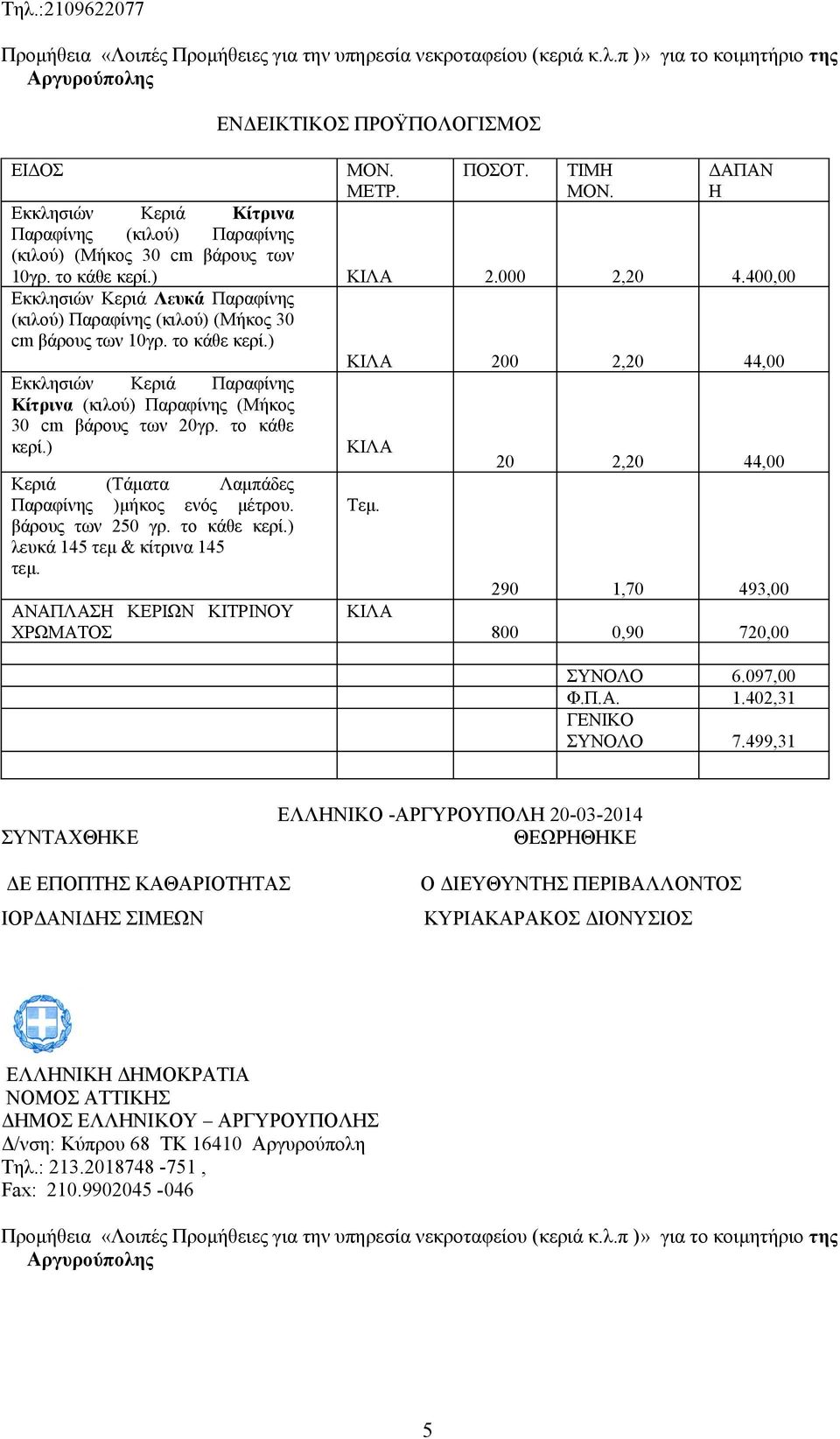 400,00 Εκκλησιών Κεριά Λευκά Παραφίνης (κιλού) Παραφίνης (κιλού) (Μήκος 30 cm βάρους των 10γρ. το κάθε κερί.