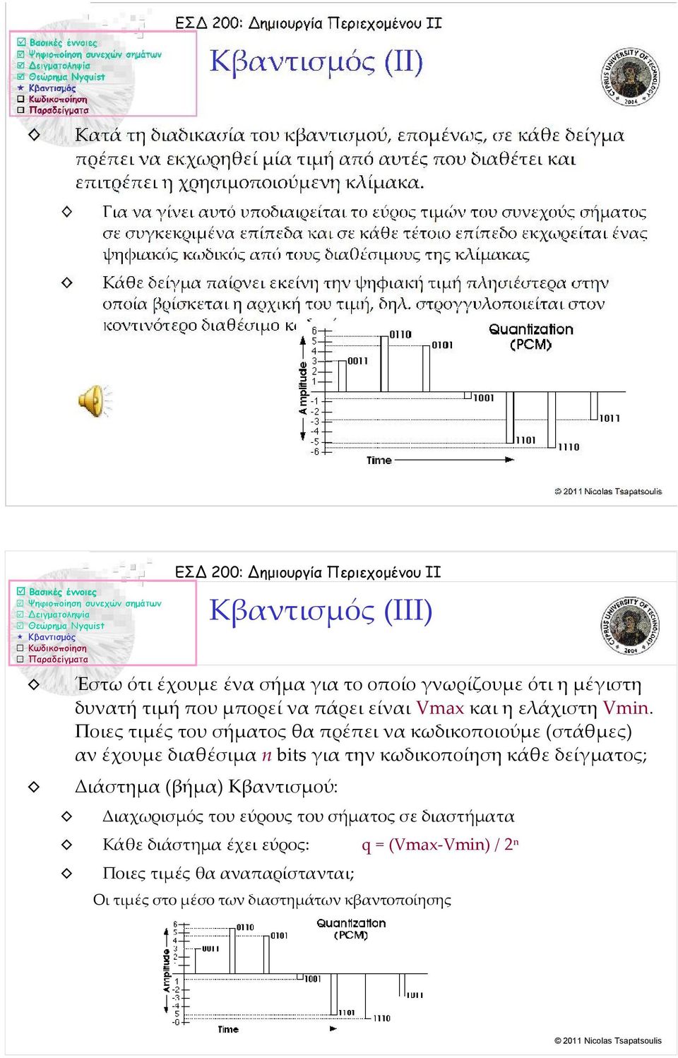 Ποιες τιμές του σήματος θα πρέπει να κωδικοποιούμε (στάθμες) αν έχουμε διαθέσιμα n bits για την κωδικοποίηση κάθε