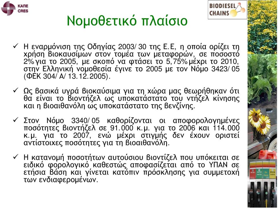 304/Α/13.12.2005). Ως βασικά υγρά βιοκαύσιμα για τη χώρα μας θεωρήθηκαν ότι θα είναι το βιοντήζελ ως υποκατάστατο του ντήζελ κίνησης και η βιοαιθανόλη ως υποκατάστατο της βενζίνης.