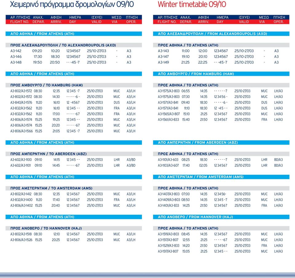 (HAM) ΠΡΟΣ ΑΜΒΟΥΡΓΟ / TO HAMBURG (HAM) A3-802/A3-1572 08:30 12:35 12 345-7 25/10-27/03 MUC A3/LH A3-802/A3-1572 08:30 14:30 - - - - - 6-25/10-27/03 MUC A3/LH A3-840/A3-1576 11:20 16:10 12-4567