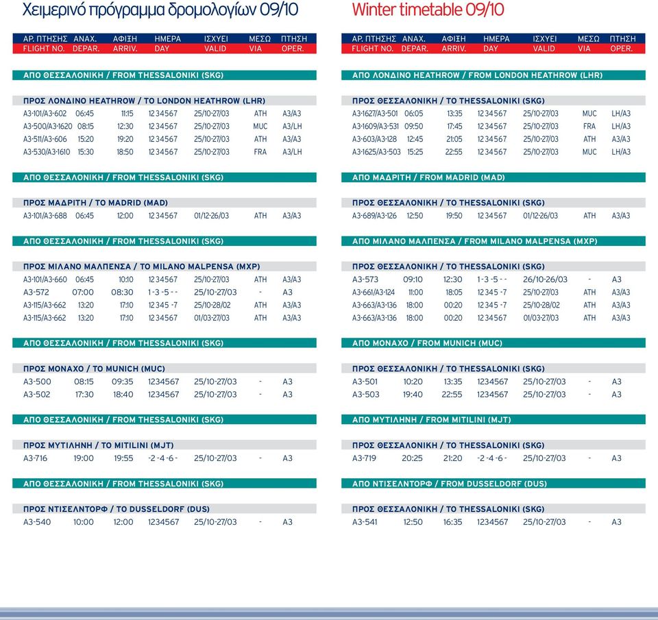 A3-1609/A3-531 09:50 17:45 12 34567 25/10-27/03 FRA LH/A3 A3-603/A3-128 12:45 21:05 12 34567 25/10-27/03 ATH A3/A3 A3-1625/A3-503 15:25 22:55 12 34567 25/10-27/03 MUC LH/A3 ΑΠΟ ΜΑΔΡΙΤΗ / FROM MADRID