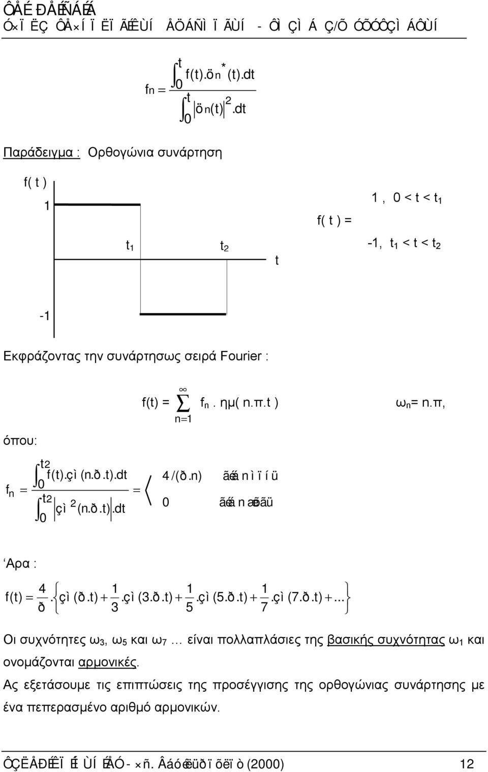 ð.t).dt 0 t çì (n.ð.t).dt 0 n = = f(t) = n=1 4 /(ð.n) 0 f n. ημ( n.π.t ) ãéá n ìïíü ãéá n æõãü ω n = n.π, Αρα : 4 1 1 1 f(t) =. çì(ð.t) +.çì(3.ð.t) +.çì(5.ð.t) +.çì(7.