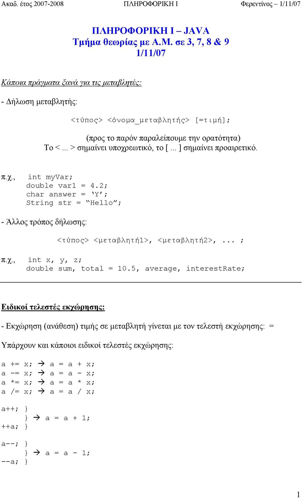 .. > σημαίνει υποχρεωτικό, το [... ] σημαίνει προαιρετικό. π.χ., int myvar; double var1 = 4.