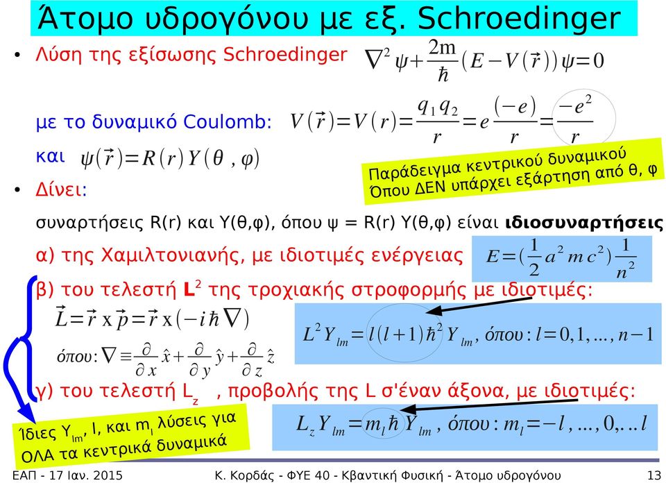 πό Παράδ σ η τ ρ ά ξ ε ι ε πάρχ Όπου ΔΕΝ υ Δίνει: συναρτήσεις R(r) και Υ(θ,φ), όπου ψ = R(r) Υ(θ,φ) είναι ιδιοσυναρτήσεις 1 1 a m c n β) του τελεστή L της τροχιακής στροφορμής με