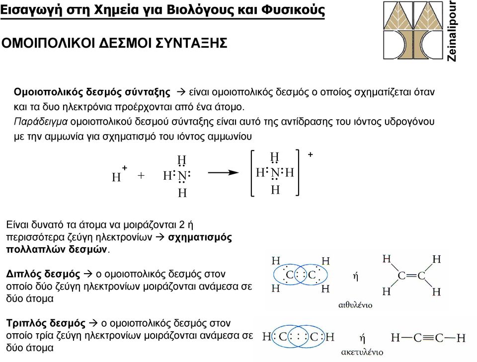 Παράδειγμα ομοιοπολικού δεσμού σύνταξης είναι αυτό της αντίδρασης του ιόντος υδρογόνου με την αμμωνία για σχηματισμό του ιόντος αμμωνίου H H H + H N H N H