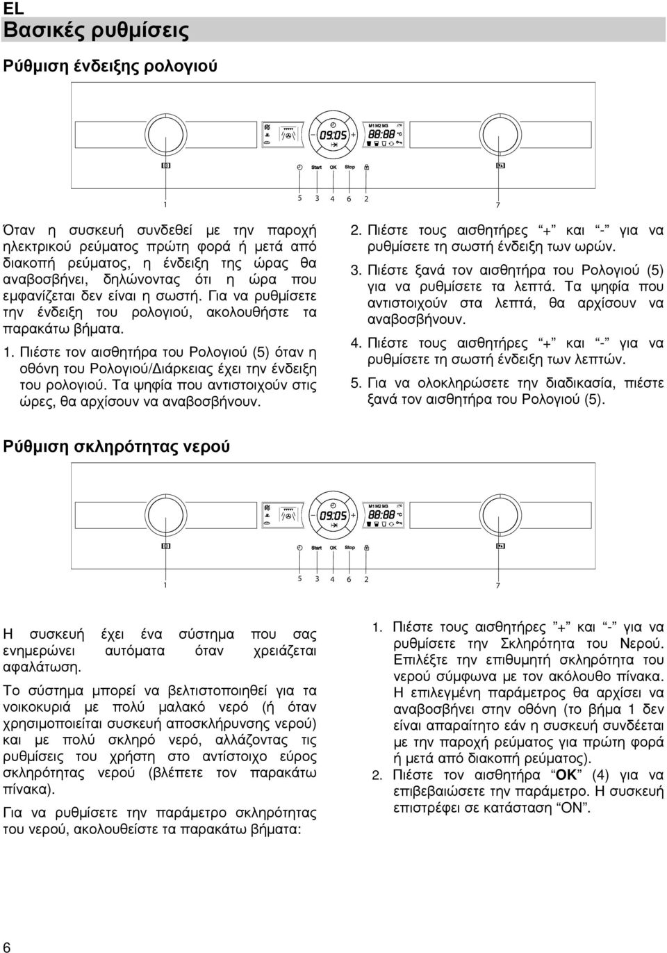 . Πιέστε τον αισθητήρα του Ρολογιού () όταν η οθόνη του Ρολογιού/ ιάρκειας έχει την ένδειξη του ρολογιού. Τα ψηφία που αντιστοιχούν στις ώρες, θα αρχίσουν να αναβοσβήνουν. 2.