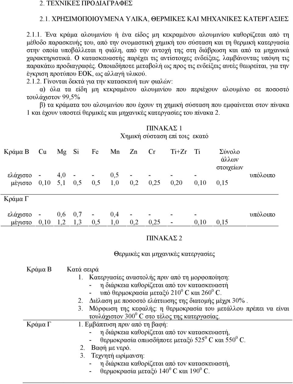 1. Ένα κράµα αλουµινίου ή ένα είδος µη κεκραµένου αλουµινίου καθορίζεται από τη µέθοδο παρασκευής του, από την ονοµαστική χηµική του σύσταση και τη θερµική κατεργασία στην οποία υποβάλλεται η φιάλη,