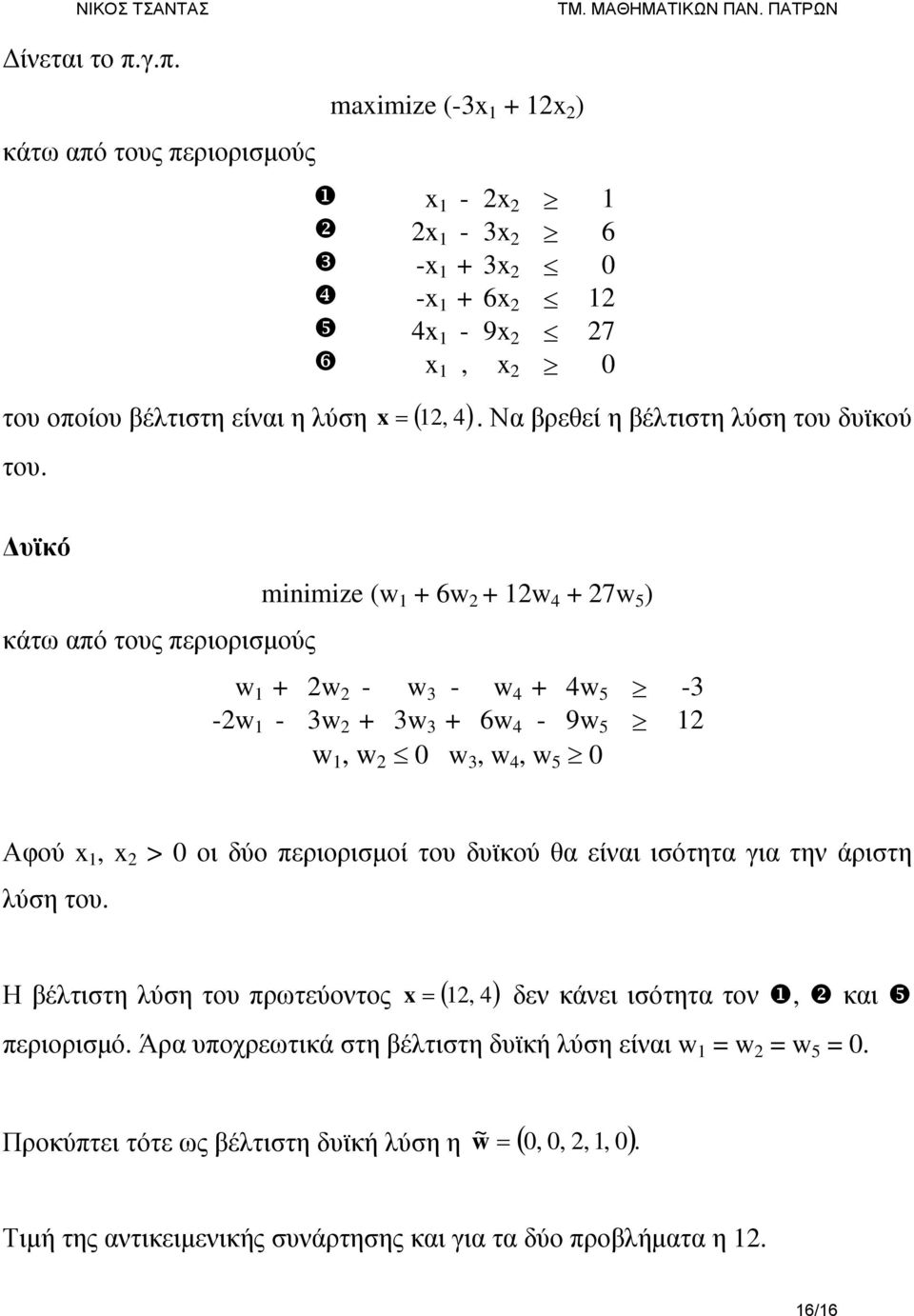 5 0 Αφού 1, 2 > 0 οι δύο περιορισμοί του δυϊκού θα είναι ισότητα για την άριστη λύση του. Η βέλτιστη λύση του πρωτεύοντος = ( 12, 4) δεν κάνει ισότητα τον, και περιορισμό.