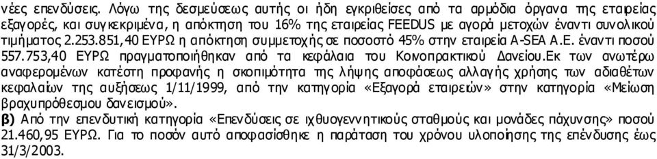 253.851,40 ΕΥΡΩ η απόκτηση συµµετοχής σε ποσοστό 45% στην εταιρεία A-SEA A.E. έναν τι ποσού 557.753,40 ΕΥΡΩ πραγµατοποιήθηκαν από τα κεφ άλαια του Κοινοπρακτικού ανείου.