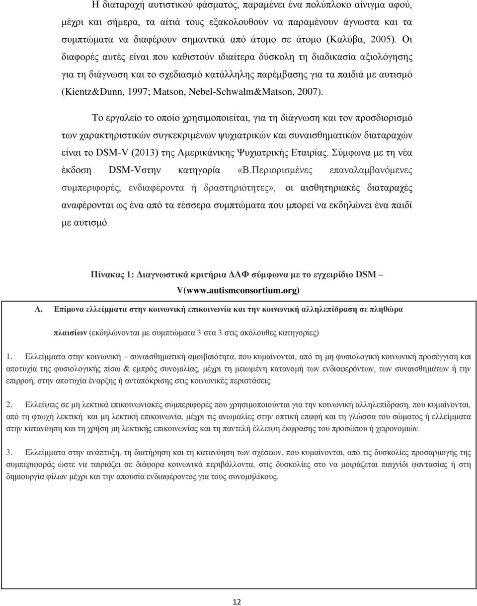 Οη δηαθνξέο απηέο είλαη πνπ θαζηζηνύλ ηδηαίηεξα δύζθνιε ηε δηαδηθαζία αμηνιόγεζεο γηα ηε δηάγλσζε θαη ην ζρεδηαζκό θαηάιιειεο παξέκβαζεο γηα ηα παηδηά κε απηηζκό (Kientz&Dunn, 1997; Matson,