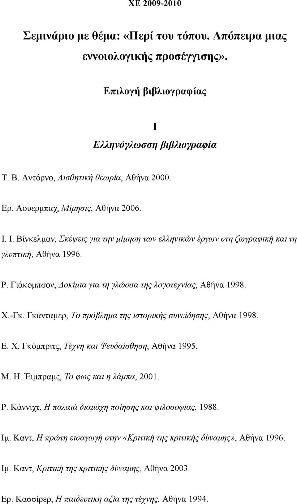 Γιάκομπσον, Δοκίμια για τη γλώσσα της λογοτεχνίας, Αθήνα 1998. Χ.-Γκ. Γκάνταμερ, Το πρόβλημα της ιστορικής συνείδησης, Αθήνα 1998. Ε. Χ. Γκόμπριτς, Τέχνη και Ψευδαίσθηση, Αθήνα 1995. Μ. Η.