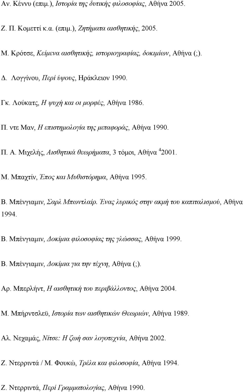 Μ. Μπαχτίν, Έπος και Μυθιστόρημα, Αθήνα 1995. Β. Μπένγιαμιν, Σαρλ Μπωντλαίρ. Ένας λυρικός στην ακμή του καπιταλισμού, Αθήνα 1994. Β. Μπένγιαμιν, Δοκίμια φιλοσοφίας της γλώσσας, Αθήνα 1999. Β. Μπένγιαμιν, Δοκίμια για την τέχνη, Αθήνα (;).