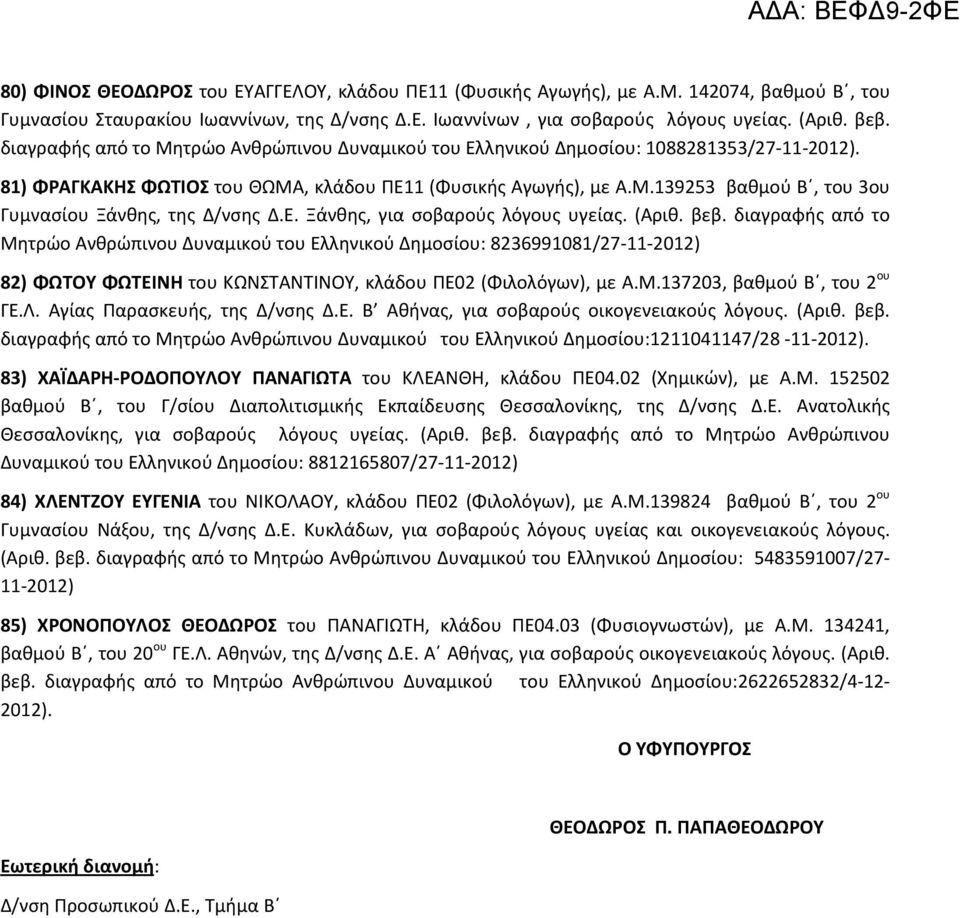 Ε. Ξάνθης, για σοβαρούς λόγους υγείας. (Αριθ. βεβ.