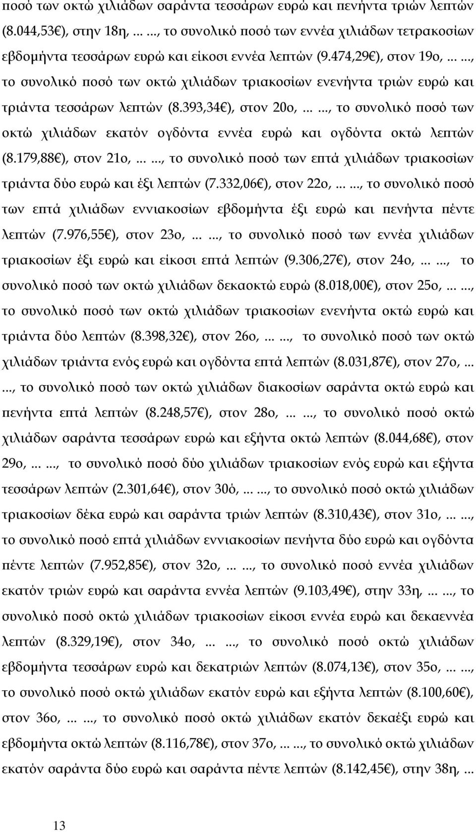 ....., το συνολικό ποσό των οκτώ χιλιάδων εκατόν ογδόντα εννέα ευρώ και ογδόντα οκτώ λεπτών (8.179,88 ), στον 21ο,......, το συνολικό ποσό των επτά χιλιάδων τριακοσίων τριάντα δύο ευρώ και έξι λεπτών (7.