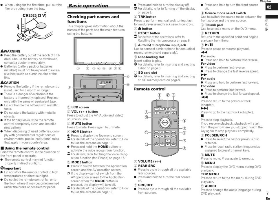 CAUTION Remove the battery if the remote control is not used for a month or longer. There is a danger of explosion if the battery is incorrectly replaced.