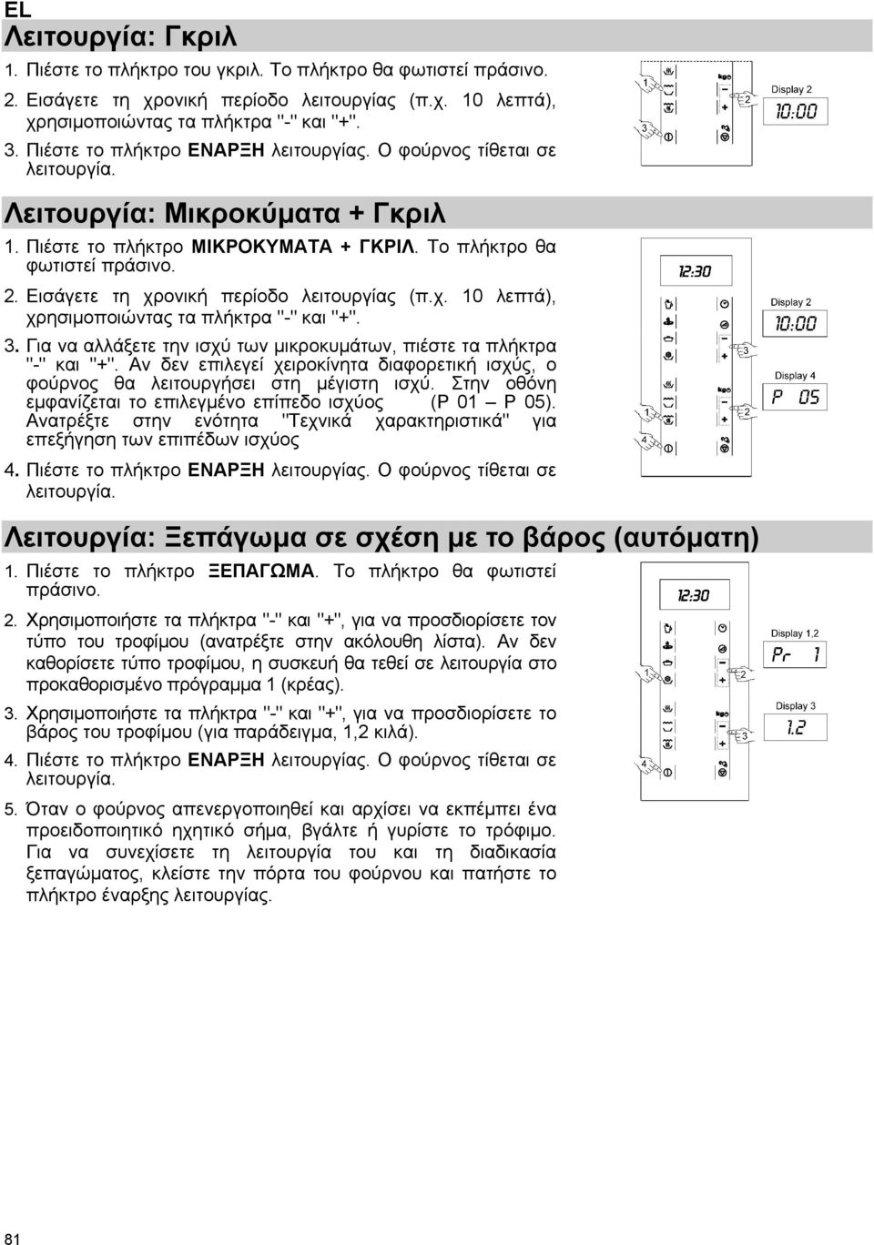 Εισάγετε τη χρονική περίοδο λειτουργίας (π.χ. 10 λεπτά), χρησιμοποιώντας τα πλήκτρα "-" και "+". 3. Για να αλλάξετε την ισχύ των μικροκυμάτων, πιέστε τα πλήκτρα "-" και "+".