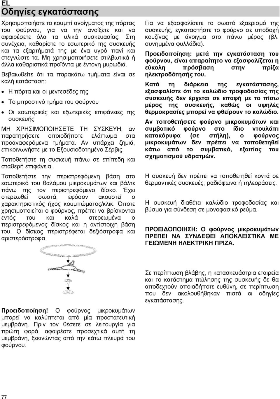 Βεβαιωθείτε ότι τα παρακάτω τμήματα είναι σε καλή κατάσταση: Η πόρτα και οι μεντεσέδες της Το μπροστινό τμήμα του φούρνου Οι εσωτερικές και εξωτερικές επιφάνειες της συσκευής ΜΗ ΧΡΗΣΙΜΟΠΟΙΗΣΕΤΕ ΤΗ