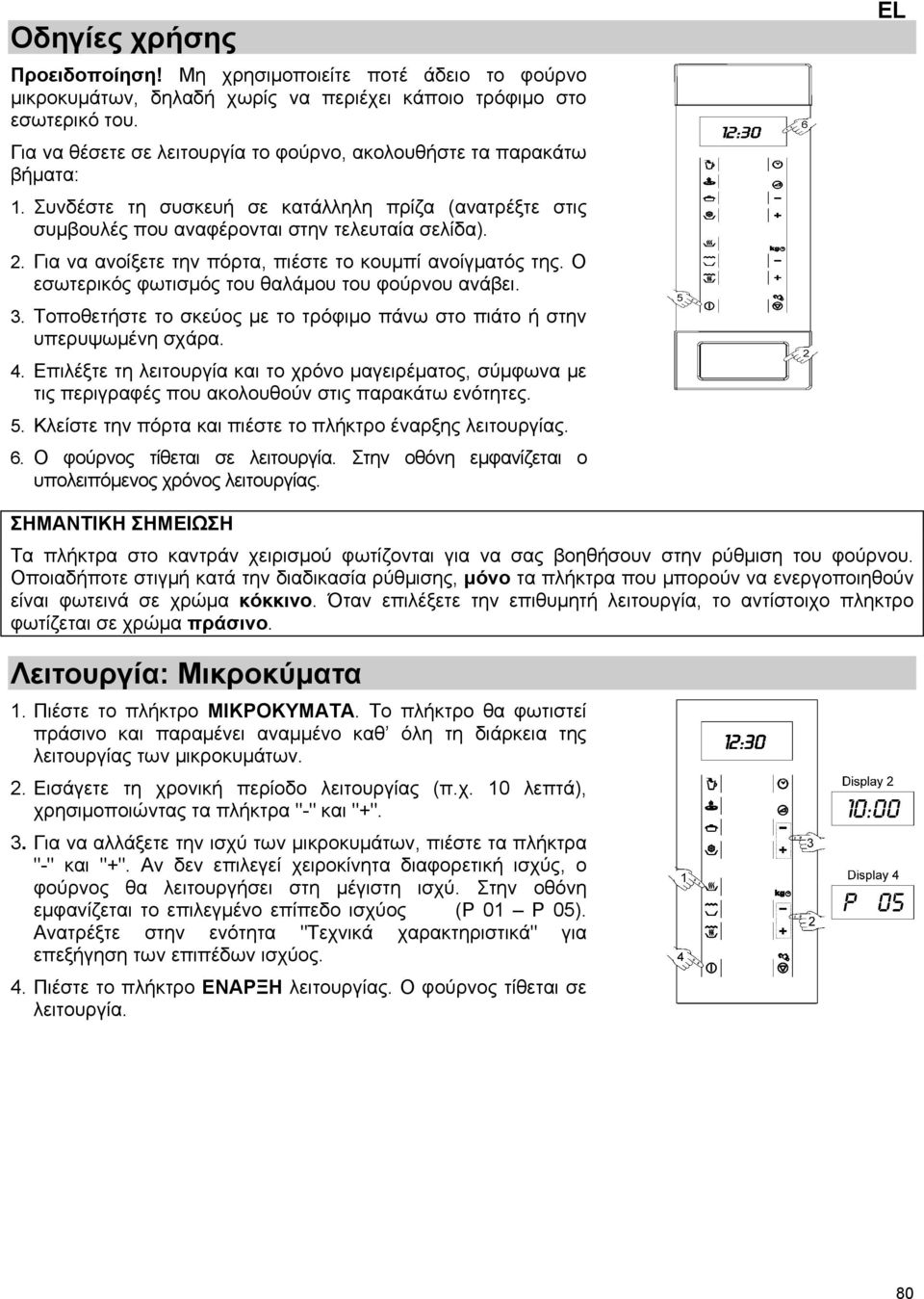 Για να ανοίξετε την πόρτα, πιέστε το κουμπί ανοίγματός της. Ο εσωτερικός φωτισμός του θαλάμου του φούρνου ανάβει. 3. Τοποθετήστε το σκεύος με το τρόφιμο πάνω στο πιάτο ή στην υπερυψωμένη σχάρα. 4.