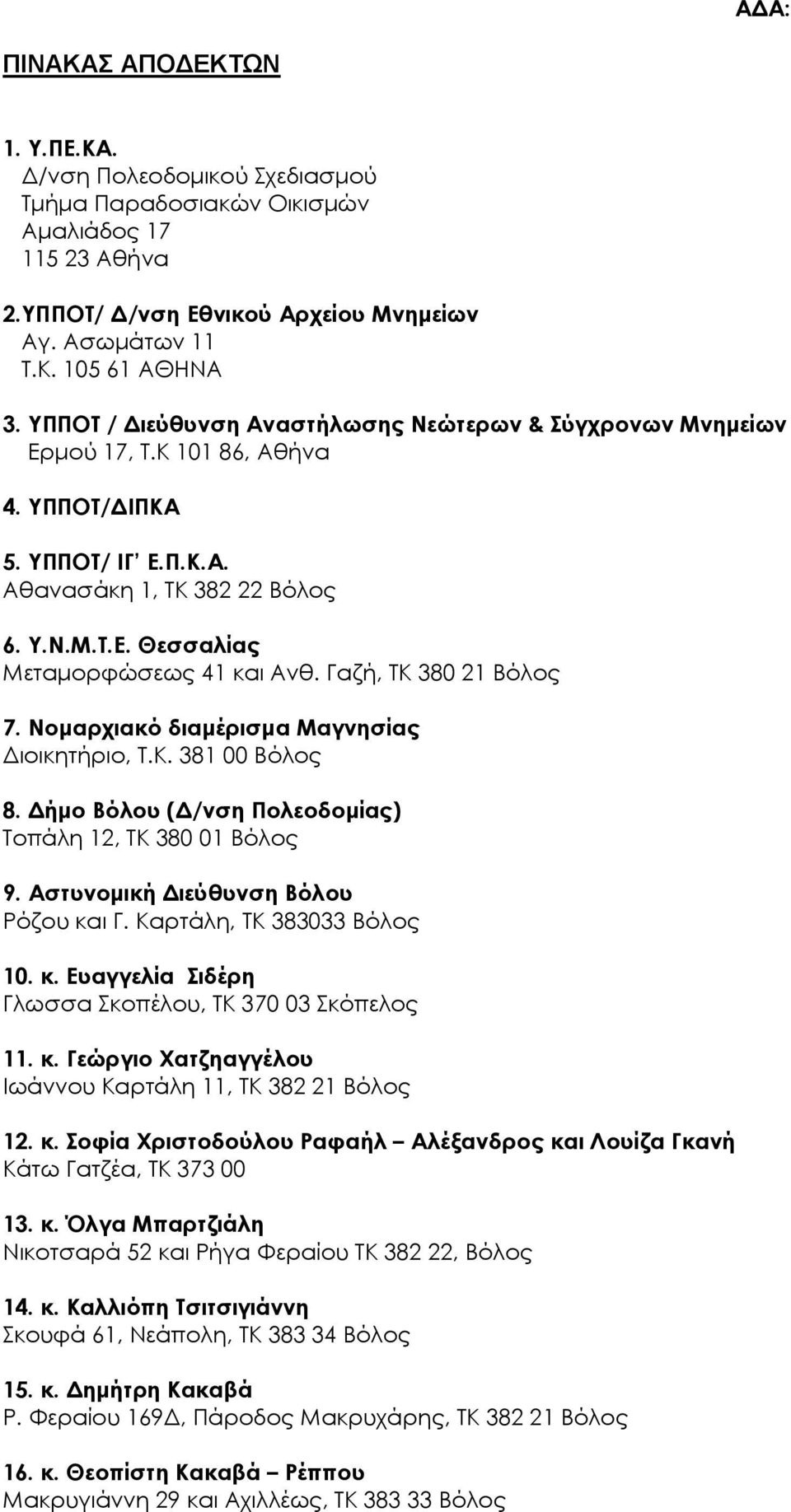 Γαζή, ΤΚ 380 21 Βόλος 7. Νοµαρχιακό διαµέρισµα Μαγνησίας ιοικητήριο, Τ.Κ. 381 00 Βόλος 8. ήµο Βόλου ( /νση Πολεοδοµίας) Τοπάλη 12, ΤΚ 380 01 Βόλος 9. Αστυνοµική ιεύθυνση Βόλου Ρόζου και Γ.