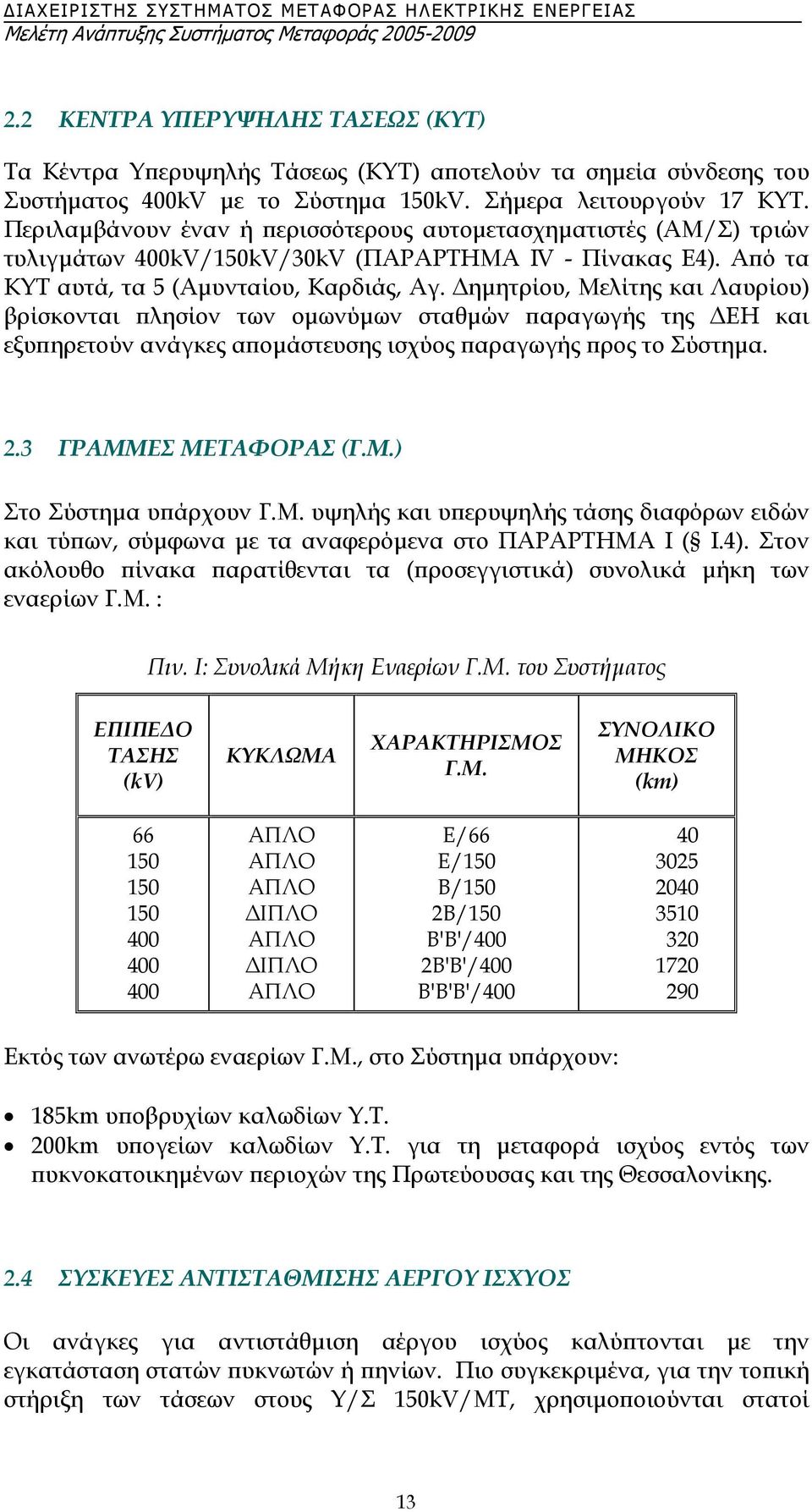 ηµητρίου, Μελίτης και Λαυρίου) βρίσκονται πλησίον των οµωνύµων σταθµών παραγωγής της ΕΗ και εξυπηρετούν ανάγκες αποµάστευσης ισχύος παραγωγής προς το Σύστηµα. 2.3 ΓΡΑΜΜΕΣ ΜΕΤΑΦΟΡΑΣ (Γ.Μ.) Στο Σύστηµα υπάρχουν Γ.