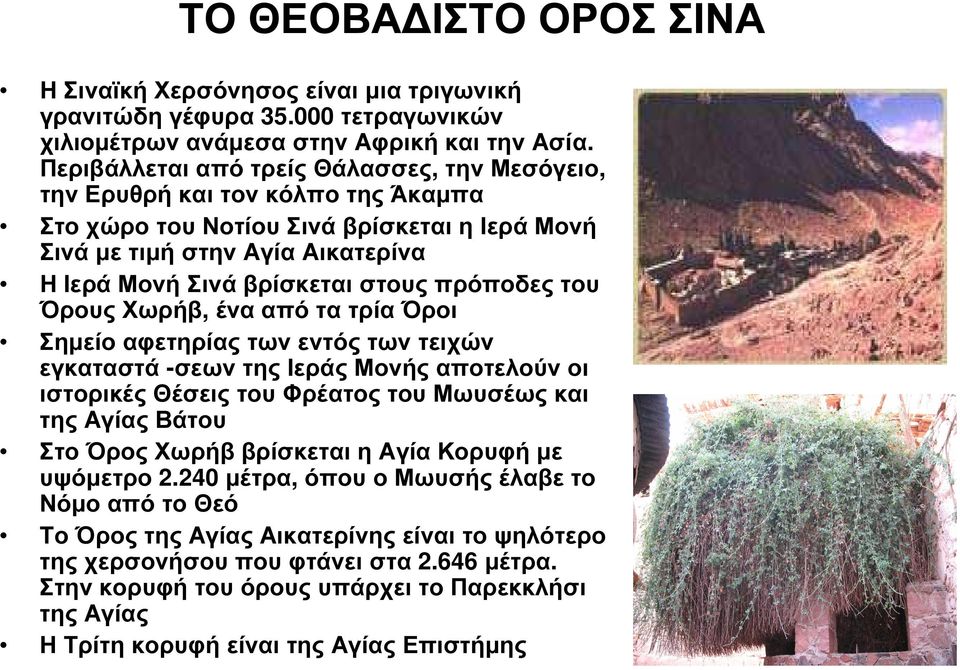 πρόποδες του Όρους Χωρήβ, ένα από τα τρία Όροι Σηµείο αφετηρίας των εντός των τειχών εγκαταστά -σεων της Ιεράς Μονής αποτελούν οι ιστορικές Θέσεις του Φρέατος του Μωυσέως και της Αγίας Βάτου Στο Όρος