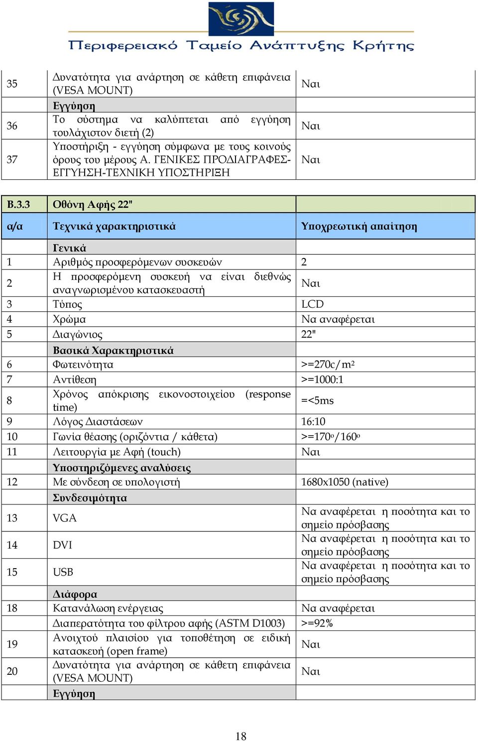 3 Οθόνη Αφής 22" α/α Τεχνικά χαρακτηριστικά Υποχρεωτική απαίτηση Γενικά 1 Αριθμός προσφερόμενων συσκευών 2 2 Η προσφερόμενη συσκευή να είναι διεθνώς αναγνωρισμένου κατασκευαστή 3 Τύπος LCD 4 Χρώμα Να