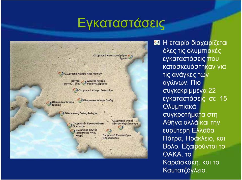 Πιο συγκεκριμμένα 22 εγκαταστάσεις σε 15 Ολυμπιακά συγκροτήματα στη Αθήνα