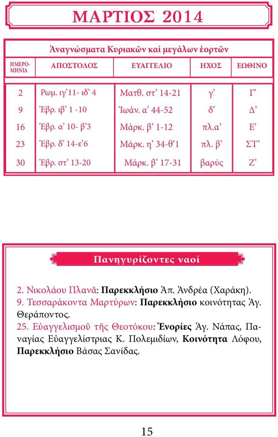 στ 13-20 Μάρκ. β 17-31 βαρύς Ζ Πανηγυρίζοντες ναοί 2. Νικολάου Πλανᾶ: Παρεκκλήσιο Ἀπ. Ἀνδρέα (Χαράκη). 9.