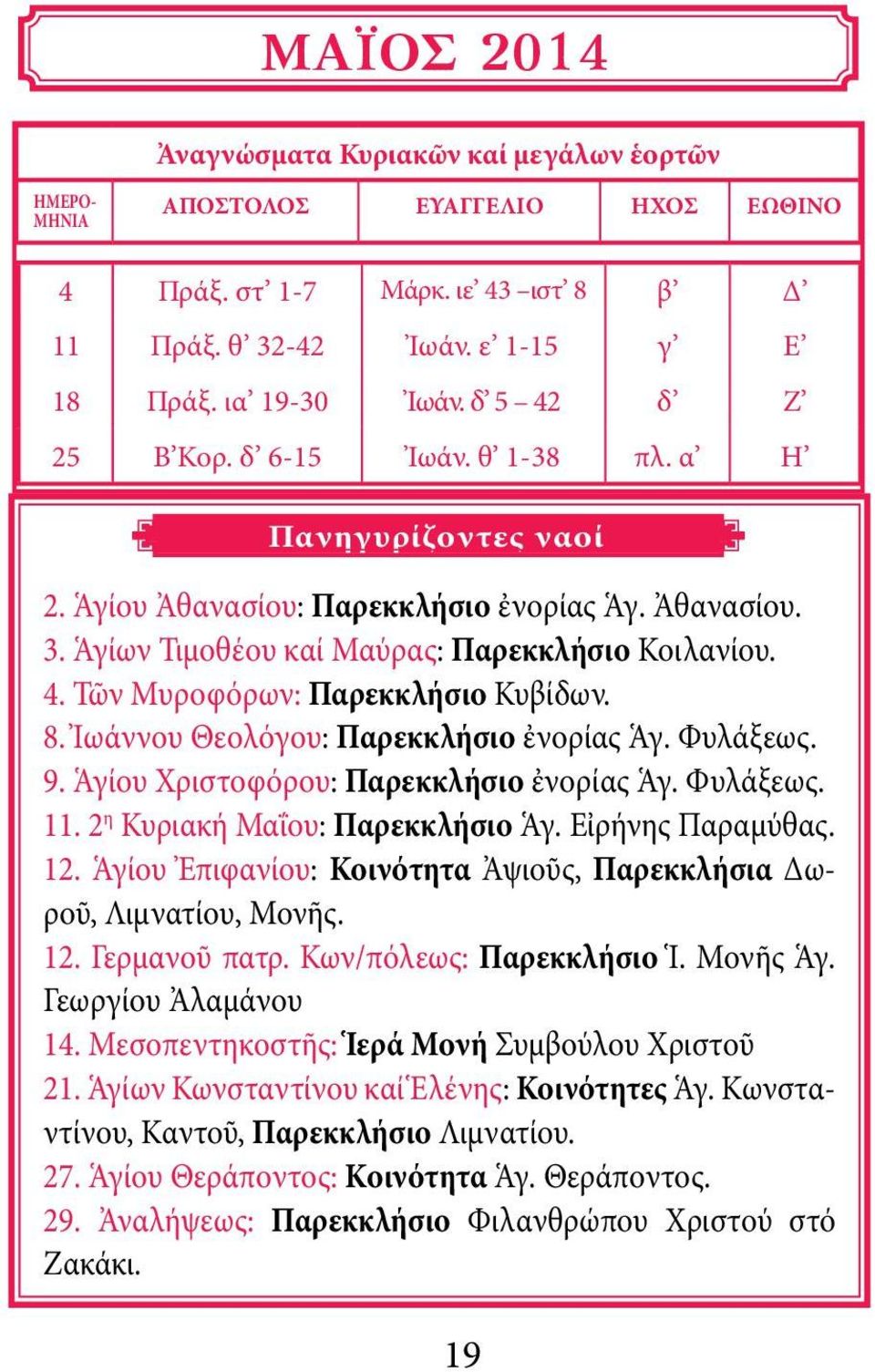 8. Ἰωάννου Θεολόγου: Παρεκκλήσιο ἐνορίας Ἁγ. Φυλάξεως. 9. Ἁγίου Χριστοφόρου: Παρεκκλήσιο ἐνορίας Ἁγ. Φυλάξεως. 11. 2 η Κυριακή Μαΐου: Παρεκκλήσιο Ἁγ. Εἰρήνης Παραμύθας. 12.